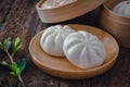 Steamed pork buns on wooden plate, Chinese dim sum