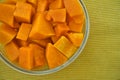 Steamed pumpkin in a glass bucket on dark background. Healthy carbohydrates