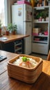 Steamed rice in a bamboo basket on a wooden table in a cozy kitchen Royalty Free Stock Photo