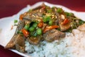 Steamed rice, basil leaves and liver.