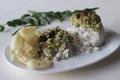 Steamed rice cake served with green gram curry and papad. A favorite dish of Kerala commonly known as puttu with payar and