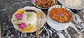 Steamed rice decorates the plate with flowers and curry, panaeng, and fried pork Royalty Free Stock Photo