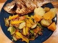 steamed n roasted Dorado with sweet potatoes and vegetables