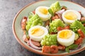 Steamed romanesco broccoli, boiled eggs, fried bacon and fresh microgreens close-up in a plate. Horizontal Royalty Free Stock Photo