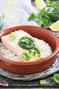 Steamed salmon with pesto and rice garnish Royalty Free Stock Photo