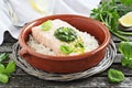 Steamed salmon with pesto and rice garnish Royalty Free Stock Photo