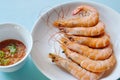 steamed salt shrimp on plate eat with spicy and sour sauce Royalty Free Stock Photo