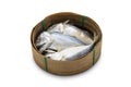 Steamed short mackerel in a flat-round bamboo basket