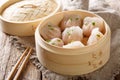 Steamed shrimp dumplings dim sum close-up. horizontal