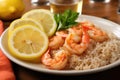 steamed shrimp served with brown rice and a lemon wedge