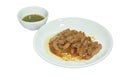 steamed slice sweet pork on plate dipping spicy chili sauce