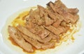 steamed slice sweet pork on plate dipping spicy chili sauce