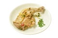 Steamed spicy chicken thigh and leg with slice ginger on palte