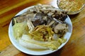 Steamed striped snake head fish with mushroom and slice ginger dipping spicy soy bean sauce