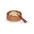 Steamed dumplings or chai kueh in wooden container and chopsticks. Traditional Malaysian dish. Flat vector icon