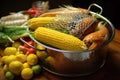 steamer basket with corn and potatoes for seafood boil