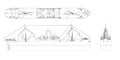 Steamer outline drawing. Steamship industrial blueprint. Ship view top, side and front. Isolated contour steamboat