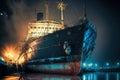 Steamer on water at night in port shipbuilding