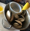 Steamers clams appetizer with water, melted butter, and slice lemon