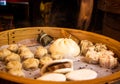 Steam basket of dumplings and buns in Chinatown