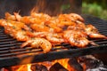 steaming bbq spiced shrimps on a backyard grill