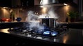 Steaming and boiling pan of water on modern heating stove in kitchen on the background of open balcony Royalty Free Stock Photo