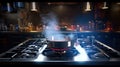 Steaming and boiling pan of water on modern heating stove in kitchen on the background of open balcony Royalty Free Stock Photo