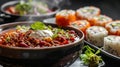 steaming bowl of chili con carne with a dollop of sour cream and a sprinkle of fresh cilantro Royalty Free Stock Photo