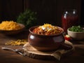 A steaming bowl of chili topped with shredded cheddar cheese
