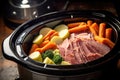 a steaming bowl of corned beef and vegetables cooked in a slow cooker Royalty Free Stock Photo