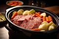 a steaming bowl of corned beef and vegetables cooked in a slow cooker Royalty Free Stock Photo