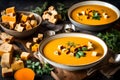A steaming bowl of creamy butternut squash soup, garnished with fresh herbs,
