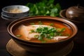 A steaming bowl of fragrant fish soup, garnished with a few slices of fresh ginger