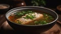 A steaming bowl of fragrant fish soup