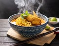 A steaming bowl of khao soi, a northern Thai curry noodle soup with tender chicken and crispy fried noodles on top