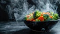Steaming bowl of mixed vegetables with broccoli, carrots, and cauliflower