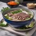 A steaming bowl of pho with thin-sliced beef and fresh herbs2