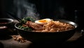 Steaming bowl of pork ramen with chopsticks generative AI