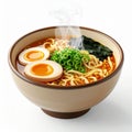 Steaming Bowl of Ramen with Egg and Seaweed on Clean White Background Royalty Free Stock Photo
