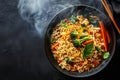 Steaming bowl of ramen noodles topped with vibrant carrots and broccoli pieces, A bowl of steaming ramen noodles topped with