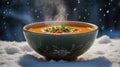 A steaming bowl of soup sits in the snow, showcasing warmth in a cold environment Royalty Free Stock Photo