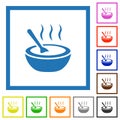 Steaming bowl of soup with spoon flat framed icons