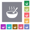 Steaming bowl of soup with spoon square flat icons