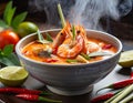 A steaming bowl of Tom Yum Goong, brimming with plump shrimp, aromatic lemongrass, and fiery chili peppers