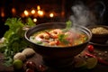 Steaming Bowl of Tom Yum Soup in Authentic Thai Kitchen