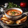 A steaming bowl of tomato soup with a grilled cheese sandwich on the side, Royalty Free Stock Photo