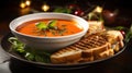 A steaming bowl of tomato soup with a grilled cheese sandwich on the side, Royalty Free Stock Photo