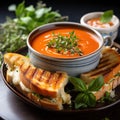 A steaming bowl of tomato soup with a grilled cheese sandwich on the side, Royalty Free Stock Photo