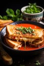 A steaming bowl of tomato soup with a grilled cheese sandwich on the side, Royalty Free Stock Photo