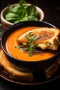 A steaming bowl of tomato soup with a grilled cheese sandwich on the side, Royalty Free Stock Photo